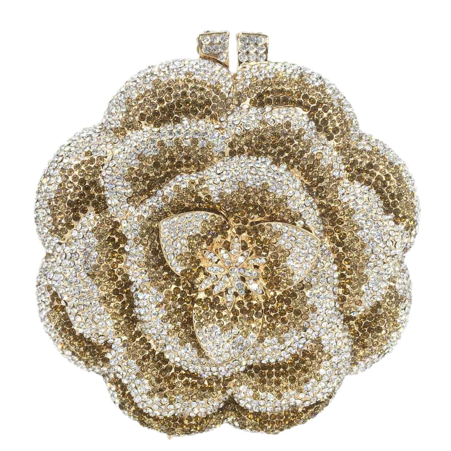 New Designer Luxury Flower Shape Crystal Rhinestone Party Clutch Evening Bag Hard Metal Round Bridal Purse