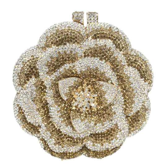 New Designer Luxury Flower Shape Crystal Rhinestone Party Clutch Evening Bag Hard Metal Round Bridal Purse