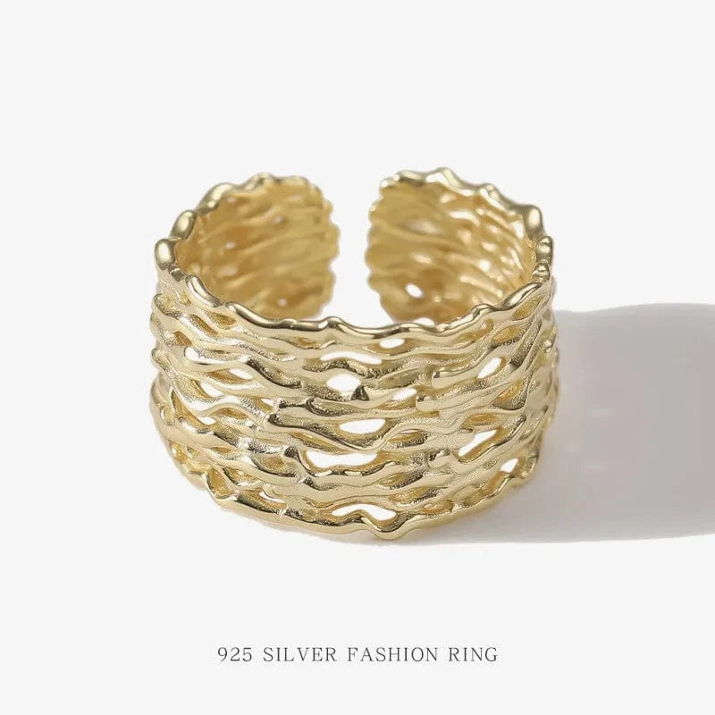 NEW desinge 925 silver adjustable ring women 18K gold plated sterling silver wide irregular geometric ring jewelry