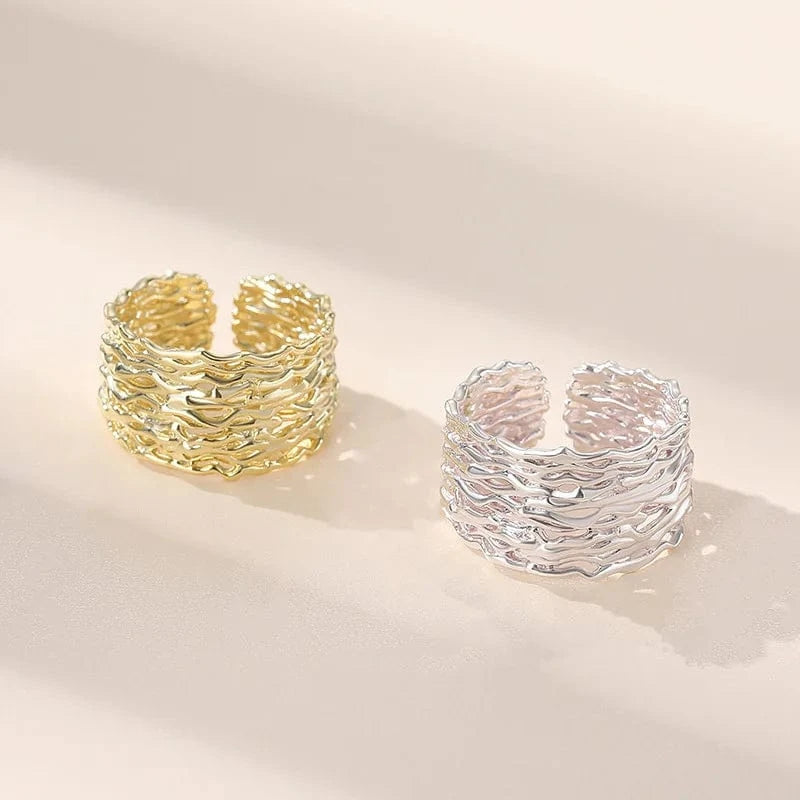 NEW desinge 925 silver adjustable ring women 18K gold plated sterling silver wide irregular geometric ring jewelry