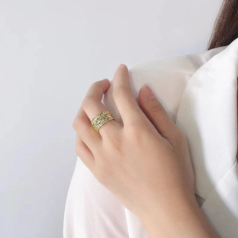 NEW desinge 925 silver adjustable ring women 18K gold plated sterling silver wide irregular geometric ring jewelry