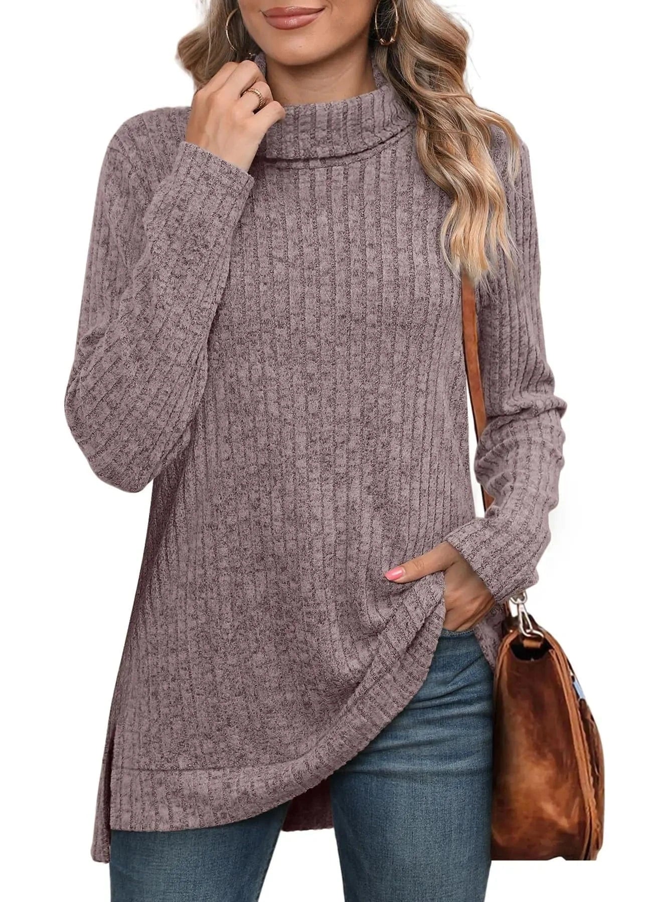 New European and American Autumn and Winter High collar neck side split Solid color Long sleeve T-shirt  women's clothing