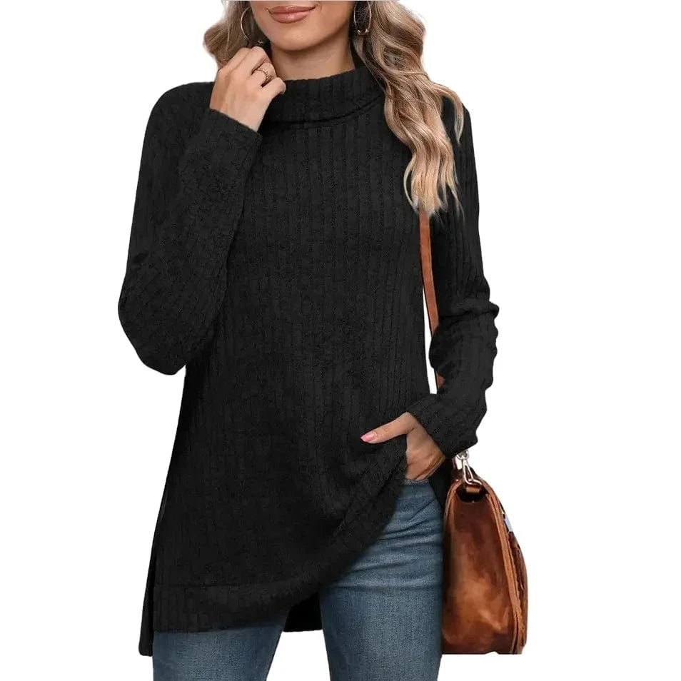 New European and American Autumn and Winter High collar neck side split Solid color Long sleeve T-shirt  women's clothing