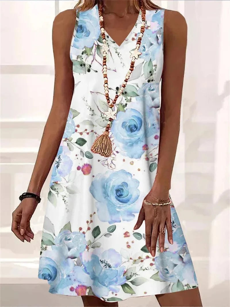 New European and American Women's clothing 2023 Summer Loose V-neck Off-shoulder Pullover Printed Mid-length dress