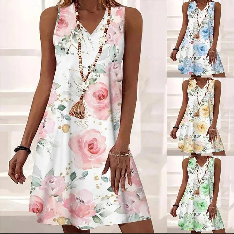 New European and American Women's clothing 2023 Summer Loose V-neck Off-shoulder Pullover Printed Mid-length dress