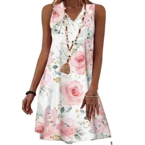 New European and American Women's clothing 2023 Summer Loose V-neck Off-shoulder Pullover Printed Mid-length dress