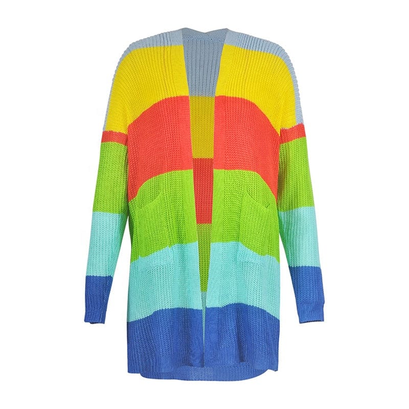 New Fancy Ladies Top Clothing Multicolor Striped Rainbow Long Knitted Sweater Cardigan