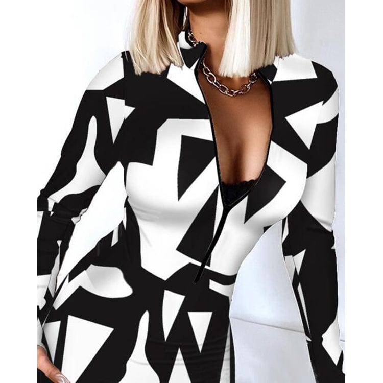 New Fashion Arrival Plus Size Women Long Sleeve Sexy Bodycon Deep V Neck Dress Slim Fit Elegant Print Evening Dress
