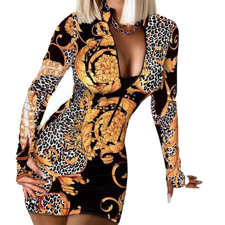 New Fashion Arrival Plus Size Women Long Sleeve Sexy Bodycon Deep V Neck Dress Slim Fit Elegant Print Evening Dress