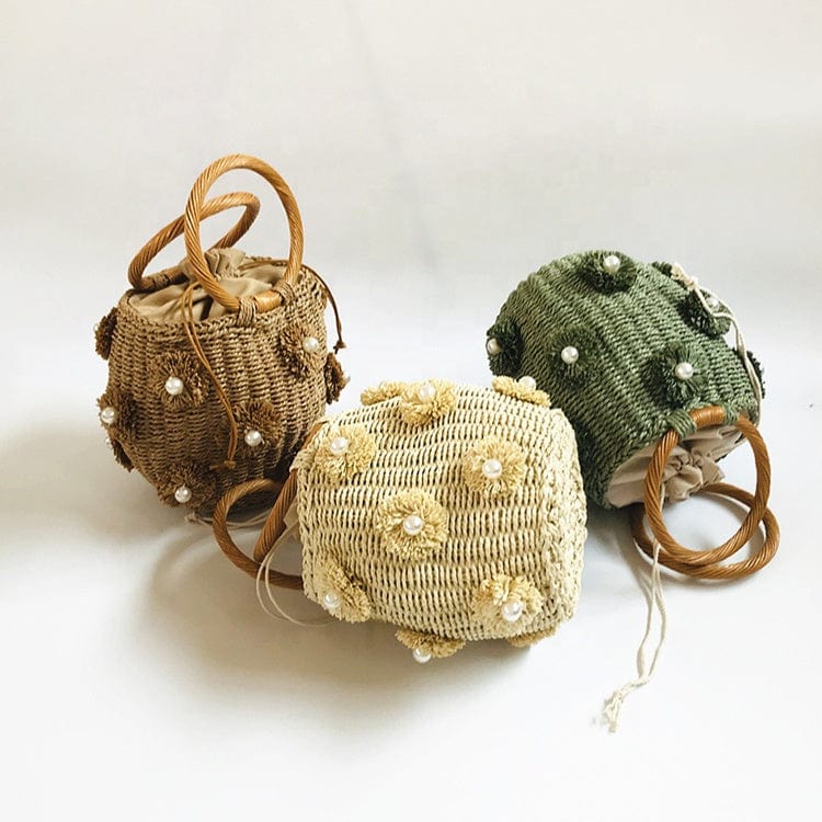 New Fashion Barrel Women Summer Beach Straw Bag Pearl Flowers Straw Beach Bag