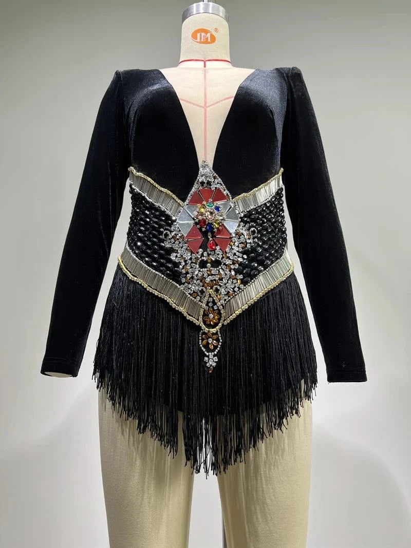 New Fashion Black Deep V Neck Long Sleeve Dress Rhinestone Diamond Beading Sexy Party Ladies Dresses