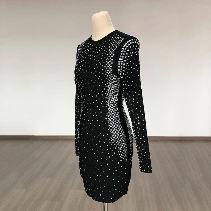 New Fashion Black Long Sleeves Dress Beading Rhinestone Diamond Sexy Party Ladies Dresses