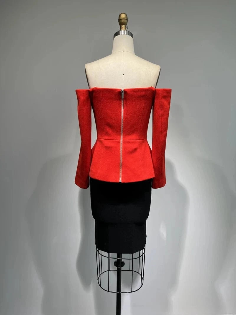 New Fashion Business Wear Long Sleeve Mini Top+Slim Black Skirt Two Pieces Suit Set Casual Blazer