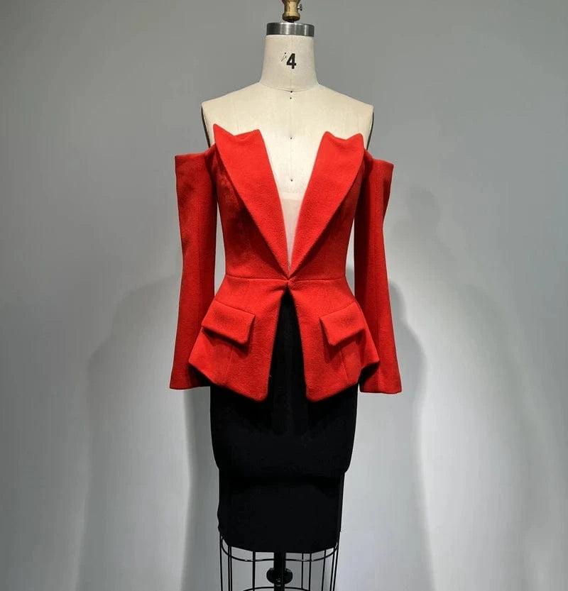 New Fashion Business Wear Long Sleeve Mini Top+Slim Black Skirt Two Pieces Suit Set Casual Blazer
