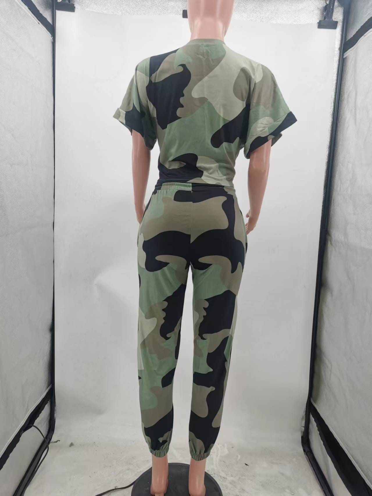 New Fashion Camouflage Printed Pocket Casual Sport Women Clothing Two Piece Set