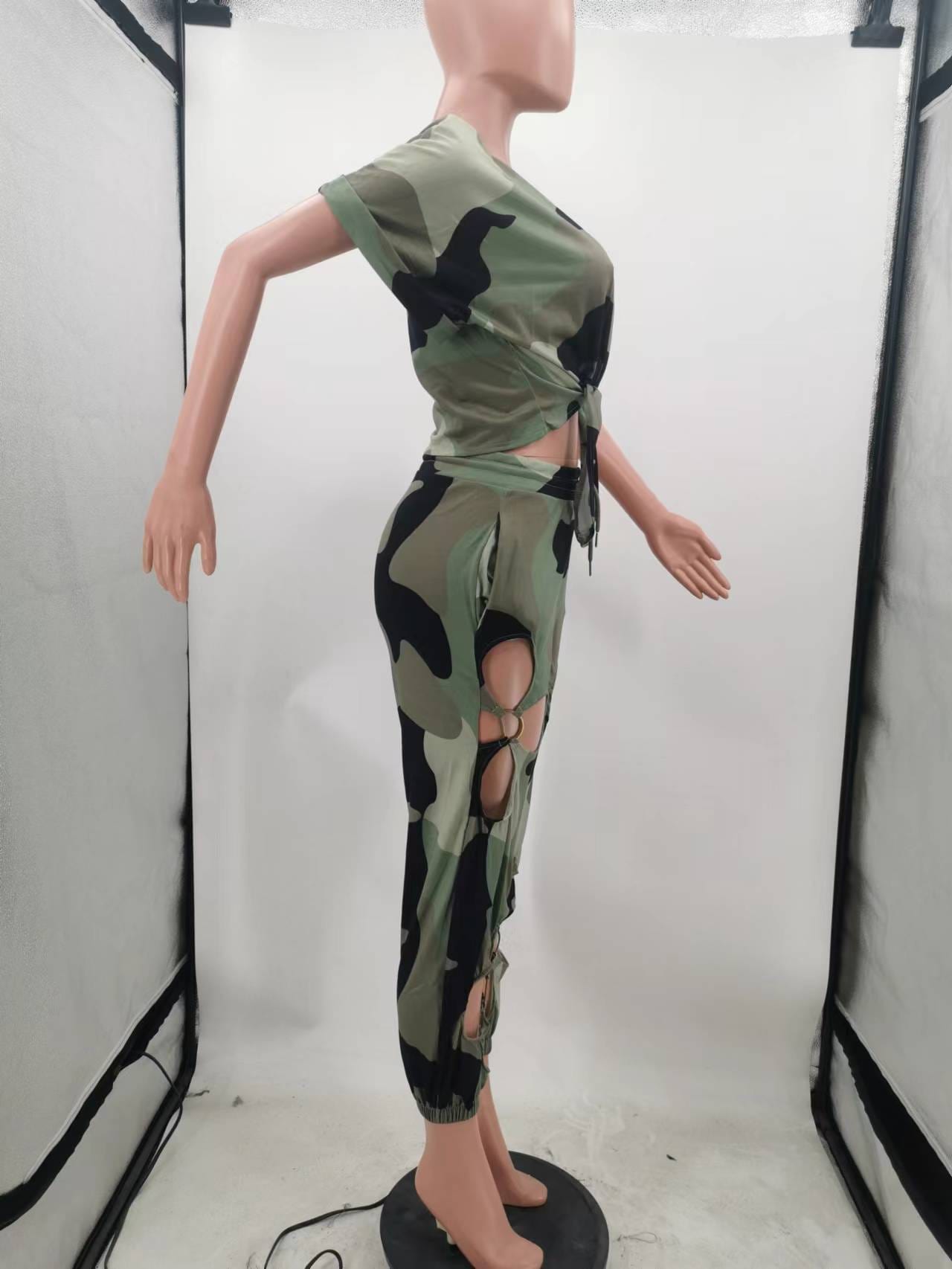 New Fashion Camouflage Printed Pocket Casual Sport Women Clothing Two Piece Set