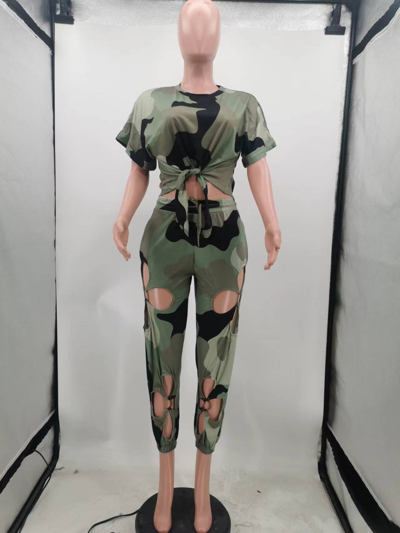 New Fashion Camouflage Printed Pocket Casual Sport Women Clothing Two Piece Set