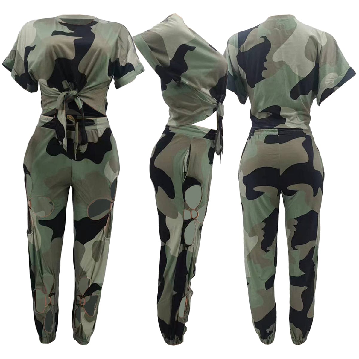 New Fashion Camouflage Printed Pocket Casual Sport Women Clothing Two Piece Set