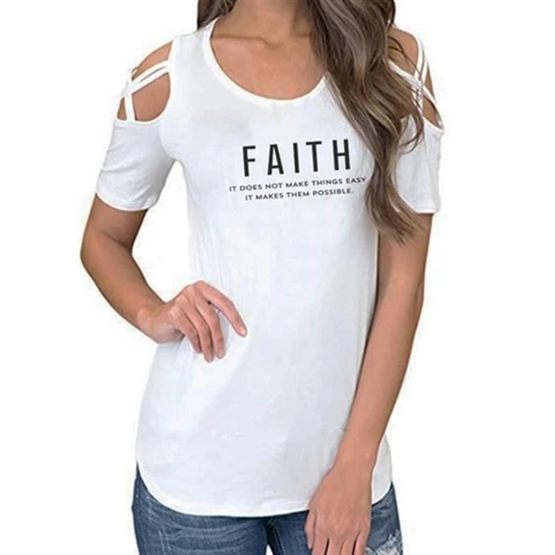 New Fashion faith Print Bandage Off Shoulder T Shirt For Women Tshirt Plus Size Tops Femme Harajuku Female T-shirt
