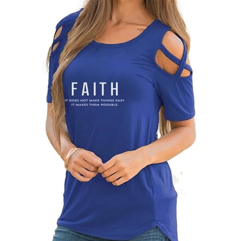 New Fashion faith Print Bandage Off Shoulder T Shirt For Women Tshirt Plus Size Tops Femme Harajuku Female T-shirt