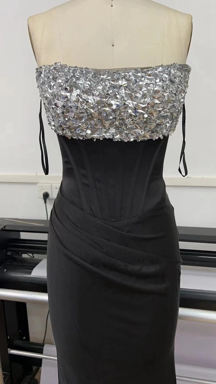 New Fashion Ladies Black Elegant Rayon Sequin Decoration Sexy Beading Off-shoulder Party Dresses