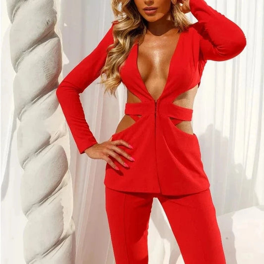 New Fashion Sexy Cutout Women Clothing long sleeve  Red Blazer Suit For Women