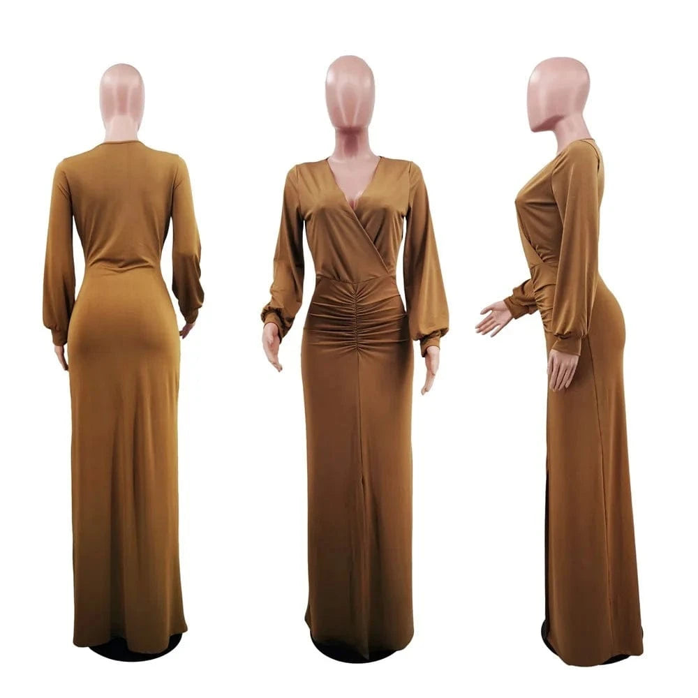 New Fashion Slim Evening Party Dress Women Long Mermaid Dresses Split V-neck Pleated Dress Plus Size