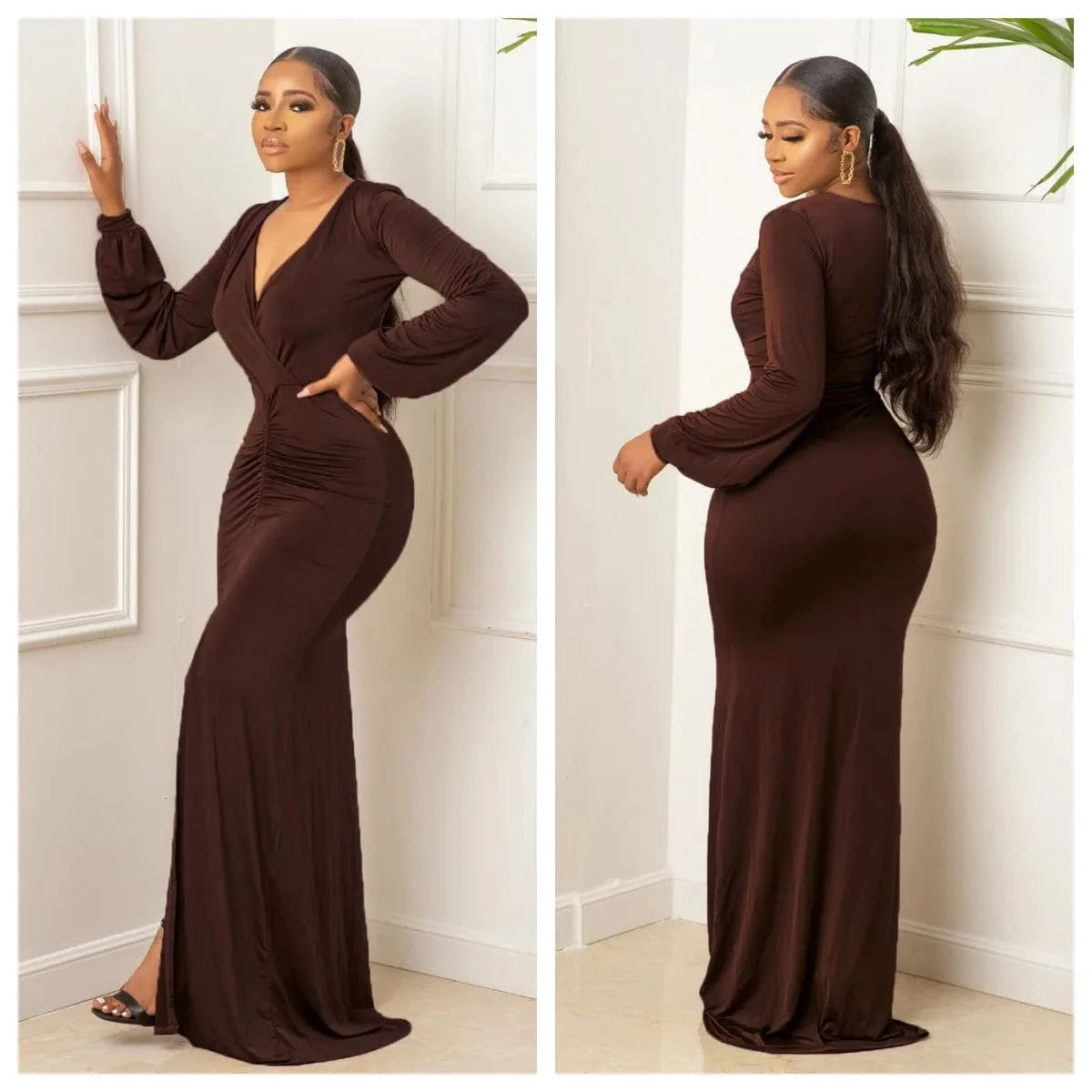 New Fashion Slim Evening Party Dress Women Long Mermaid Dresses Split V-neck Pleated Dress Plus Size