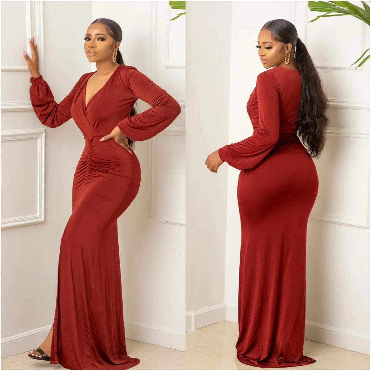 New Fashion Slim Evening Party Dress Women Long Mermaid Dresses Split V-neck Pleated Dress Plus Size
