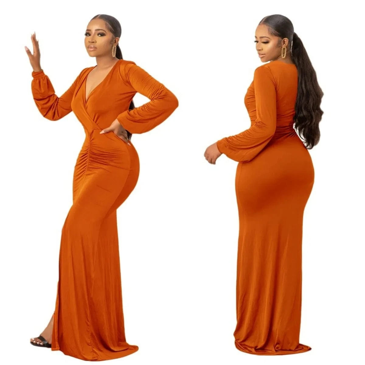 New Fashion Slim Evening Party Dress Women Long Mermaid Dresses Split V-neck Pleated Dress Plus Size
