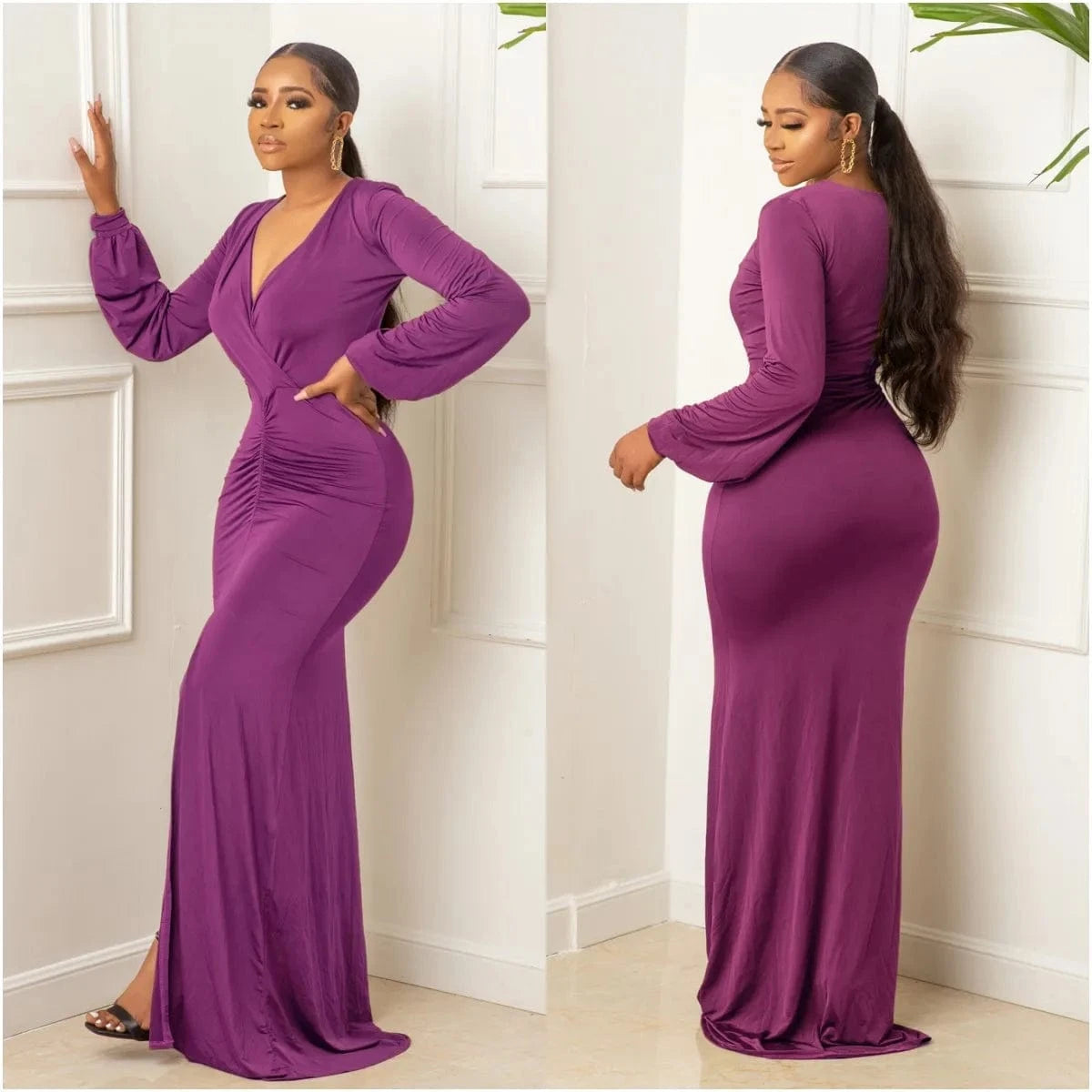 New Fashion Slim Evening Party Dress Women Long Mermaid Dresses Split V-neck Pleated Dress Plus Size