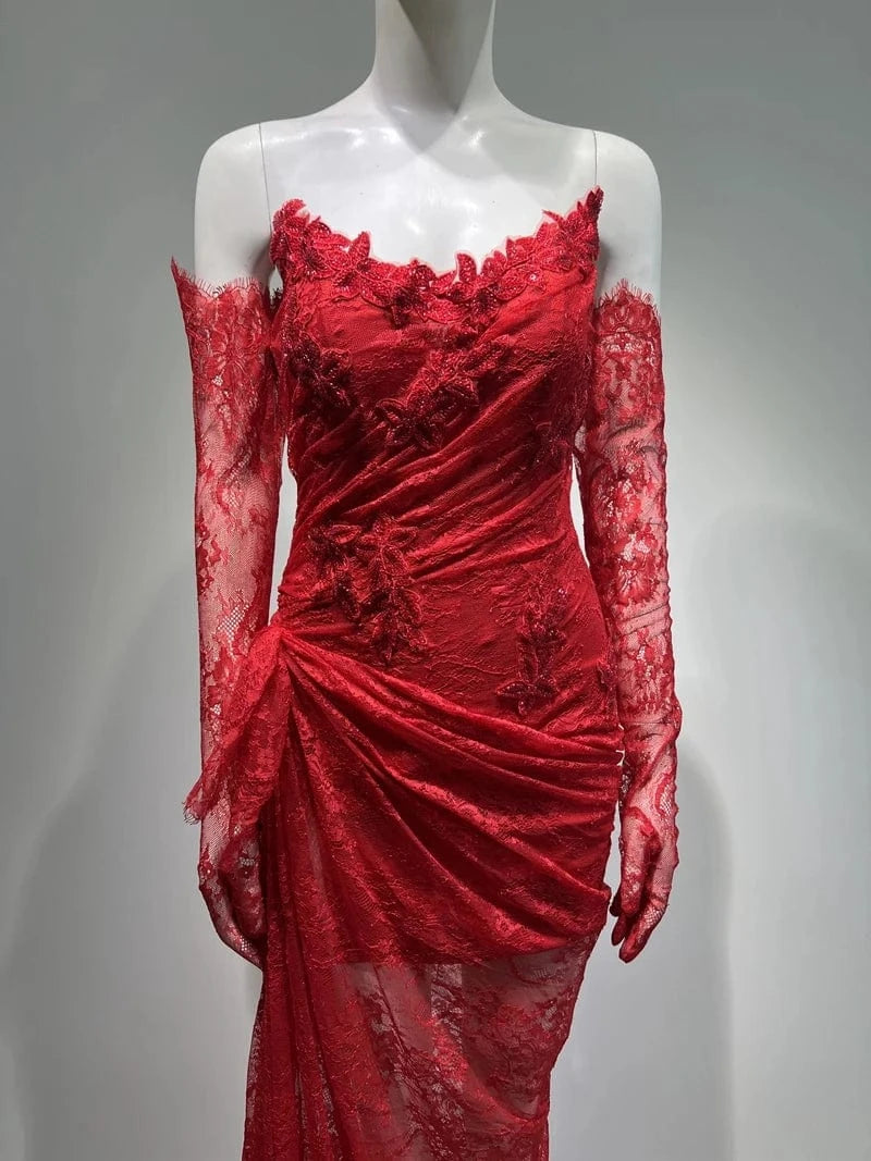 New Fashion Woman's Elegant Sexy Mesh Lace Strapless Long Prom Party Dresses