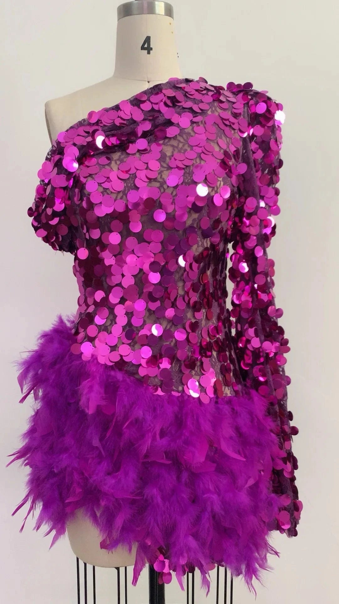 New Fashion women's Fuchsia One Shoulder Feathers Mini Dress Sequins Sexy Party Evening Dresses