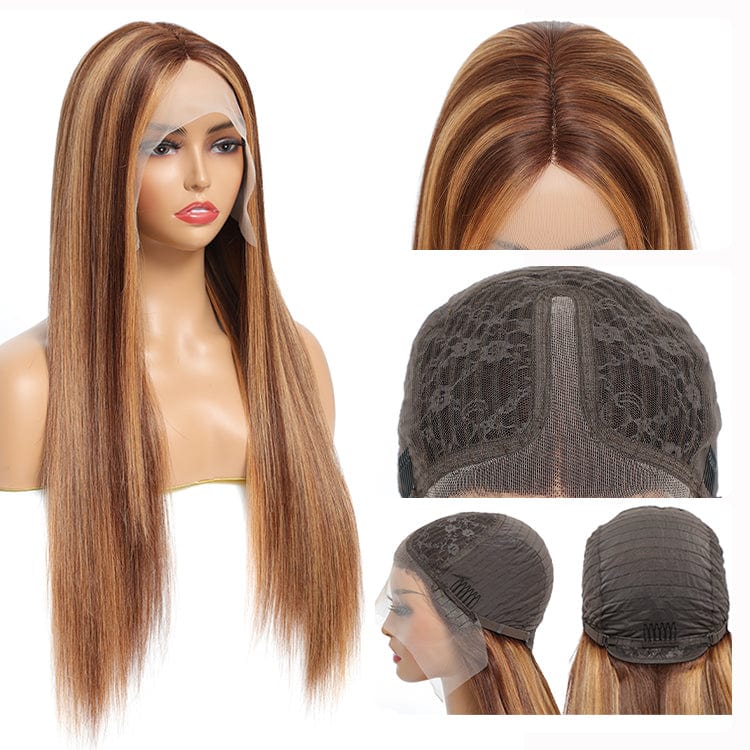 New fashional piano colored lace frontal human hair wig,P4/27 double drawn ombre color highlight T Part lace Front Wig