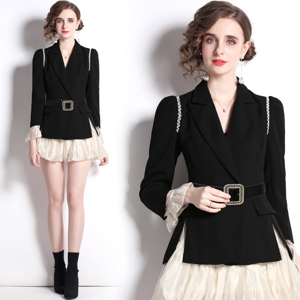 New French skirt two-piece black suit suit women send belt HL80070135