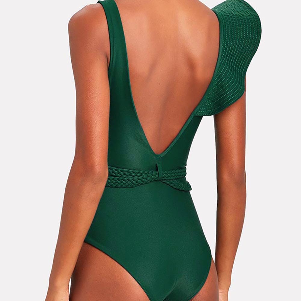 New High Quality Designer One Shoulder Ruffled Braided Belt High Waist Bathing Suit Monokini One Piece Swimsuit for Women
