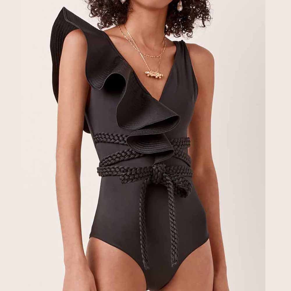 New High Quality Designer One Shoulder Ruffled Braided Belt High Waist Bathing Suit Monokini One Piece Swimsuit for Women