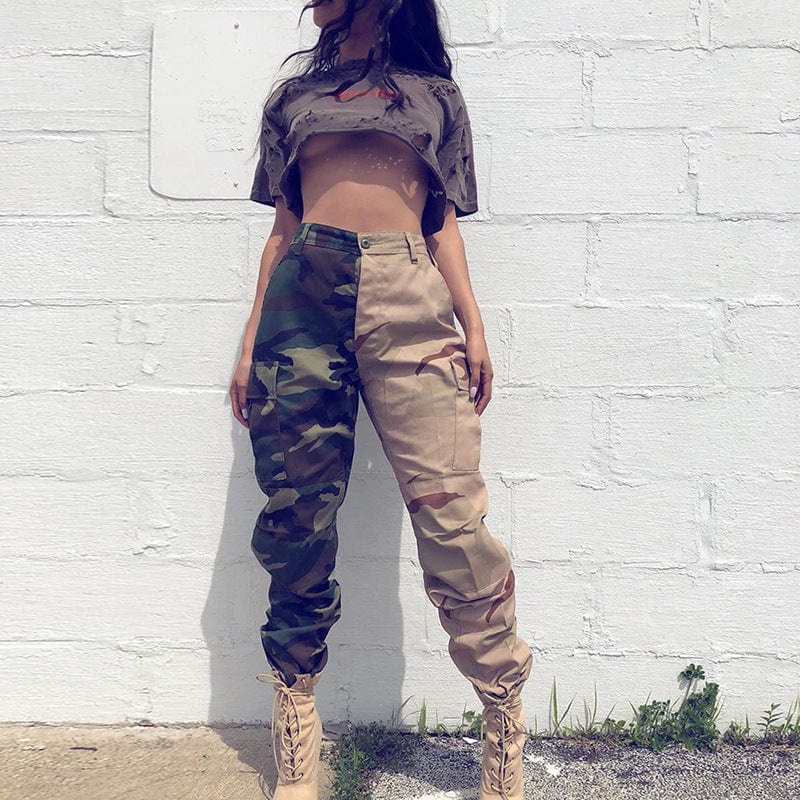 New High-Waisted Breathable Camo Patchwork Jogger Pants Women Army Color Pockets Baggy Cargo Pants