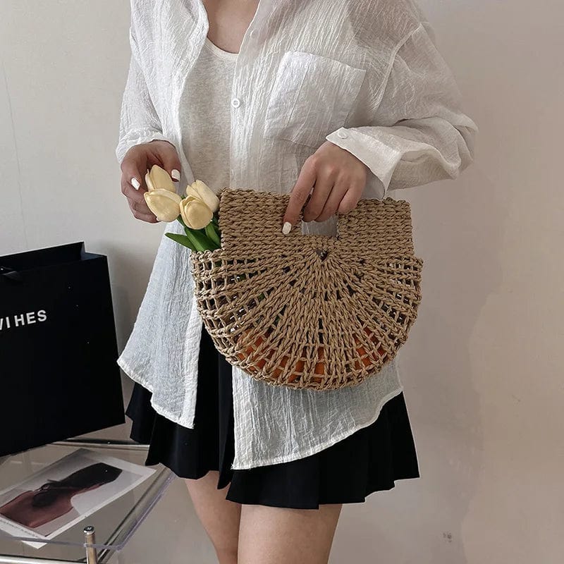 New Hollow Out Women Half Moon Hand Bag Paper Rope Straw Woven Hobo Tote Bag for Daily Life Korean Style Beach Travel Handbags