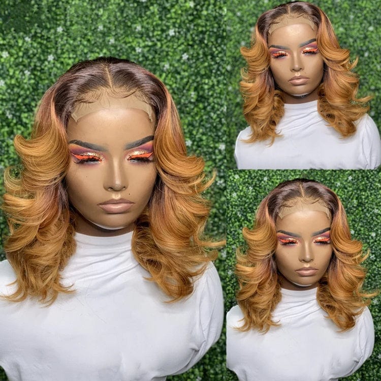 New Hot Selling Short bob Wavy Honey Blonde Ombre Color 100% Brazilian Human Hair 4x4 Lace Closure Wigs