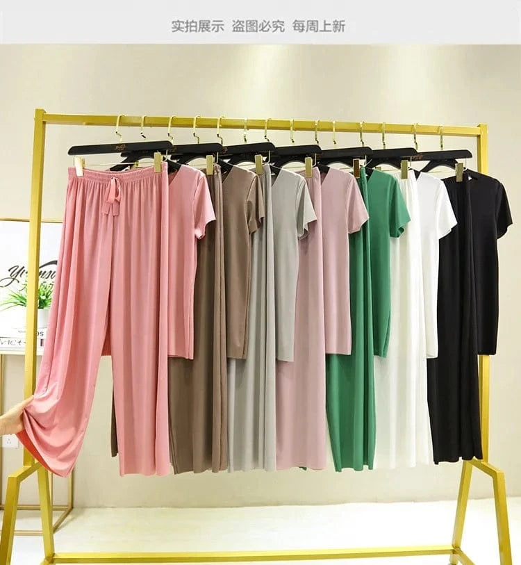 New Ice Silk Short Sleeve T-Shirt Two Piece Suit Women Summer Thin v-neck Top Loose Casual Wide Leg Pants 2 Pieces
