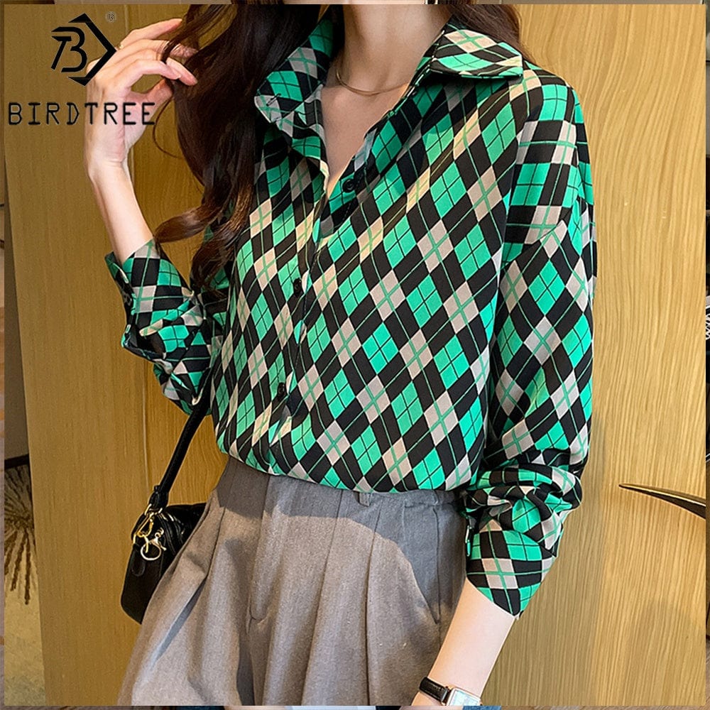 New In Women Geometry Printing Shirt 2022 Autumn Button Up Long Sleeves Female Cheap Clothes Chiffon Blouses Tops T27618X