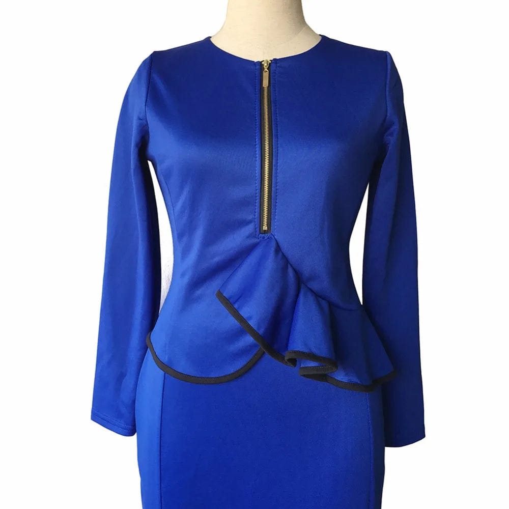 New long-sleeved blue lotus leaf hem two faux stretch pack hip career dress