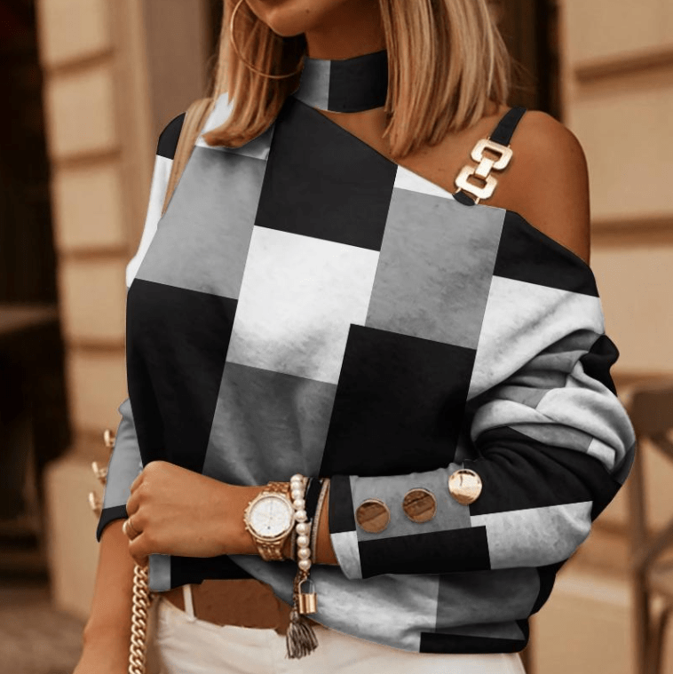 New Long Sleeved Women Casual Blouses Sexy Halter Neck Hollow Out Off Shoulder Top Pullover Autumn Streetwear Retro Print Shirt