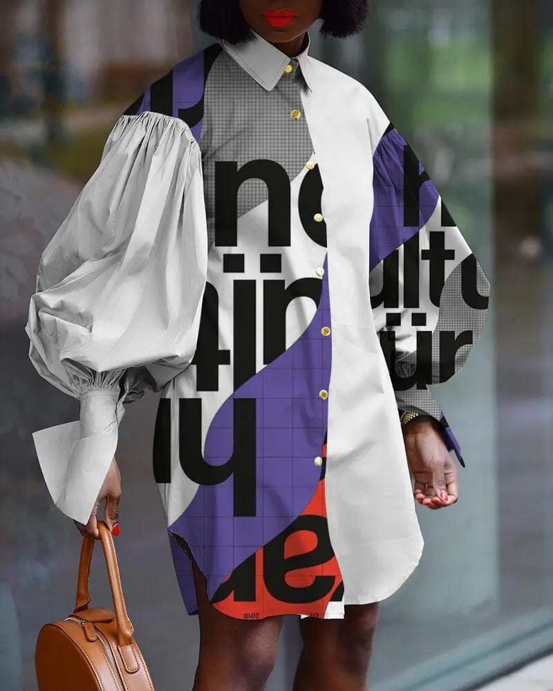 New Loose Shirt Dress Color Blocking Long Sleeve Women Plus Size Casual Dress