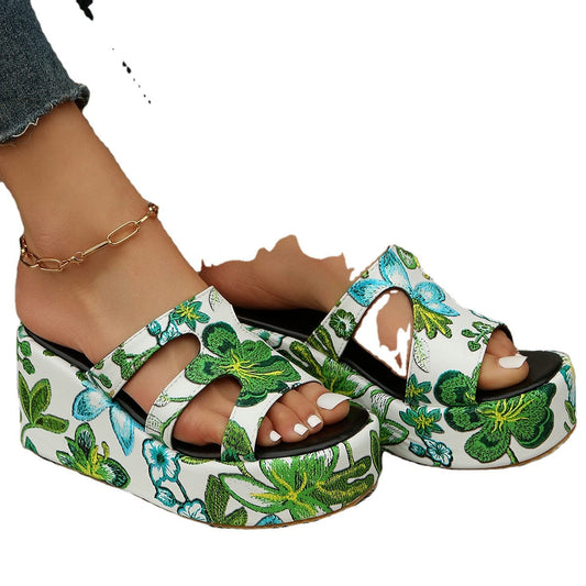 New Model Women's Fashion Summer Slope Heel Printed Sandals Large Size Ladies Thick Bottom Beach Slippers