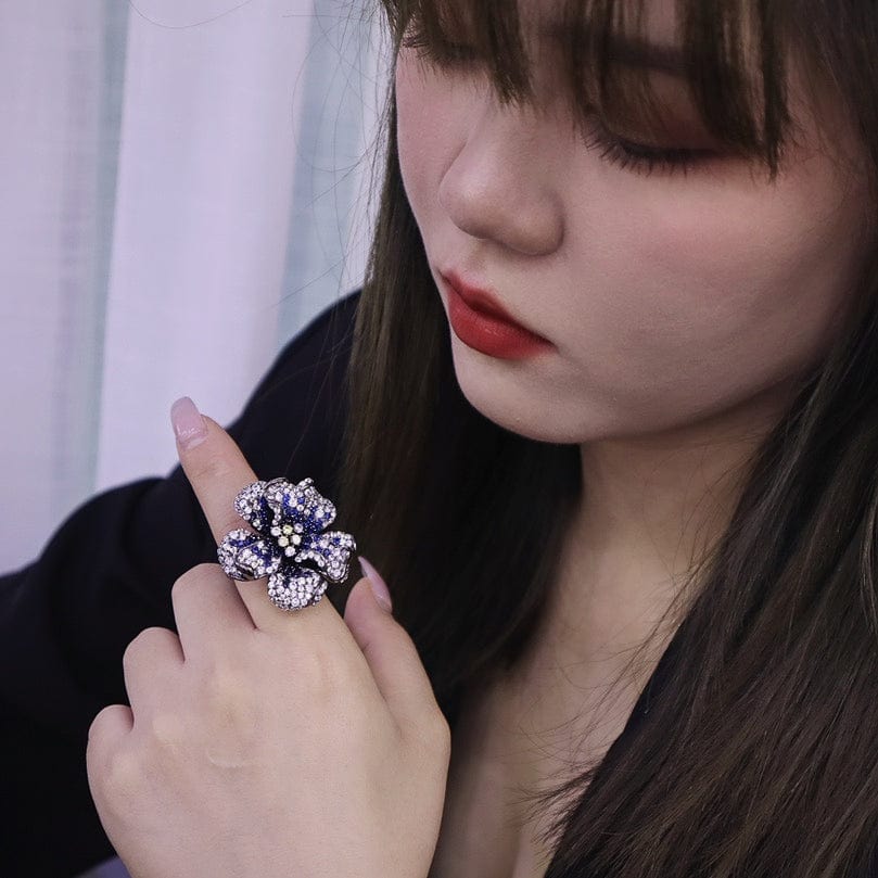 New Natural Flower Diamond Adjustable Opening Ring Handmade 925 Sterling Silver Jewelry for Women