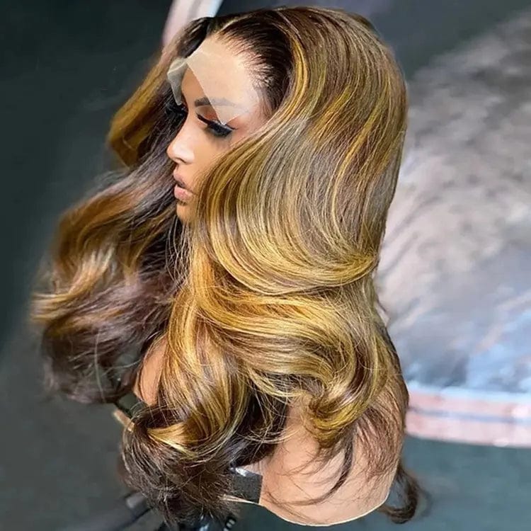 New Natural Ombre Honey Brown Blonde Color Super Wave Virgin European Human Hair Lace Front Wigs
