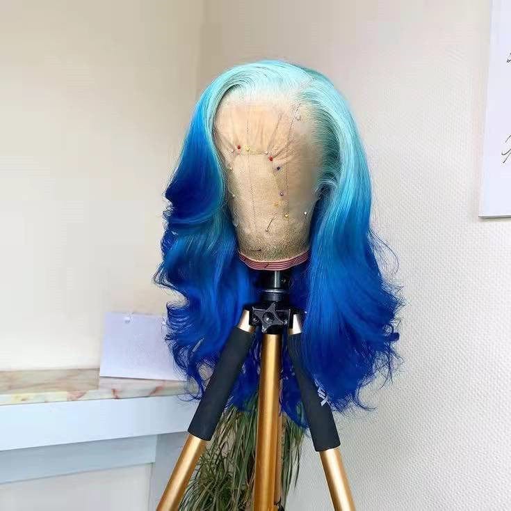 New Ombre Pink Blue Colour Brazilian Virgin Cuticle Aligned Human Hair Transparent Lace Front Wigs