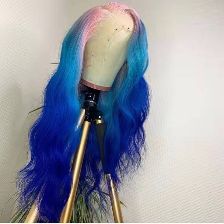 New Ombre Pink Blue Colour Brazilian Virgin Cuticle Aligned Human Hair Transparent Lace Front Wigs